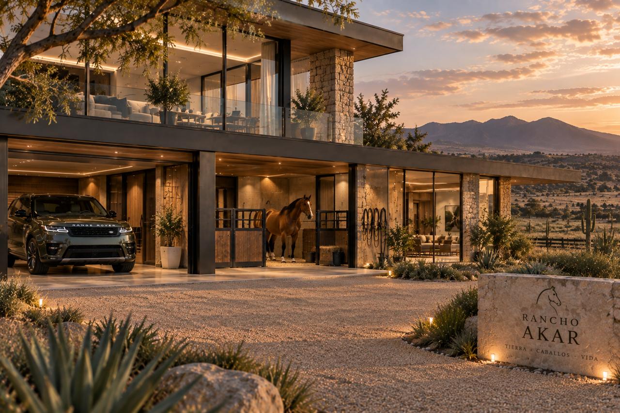 Ilustración conceptual de una casa de Rancho Akar con espacio ecuestre integrado y un caballo junto al hogar