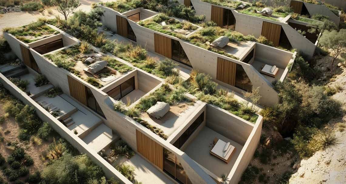 Referencia conceptual residencial: arquitectura y patios integrados en la vegetación