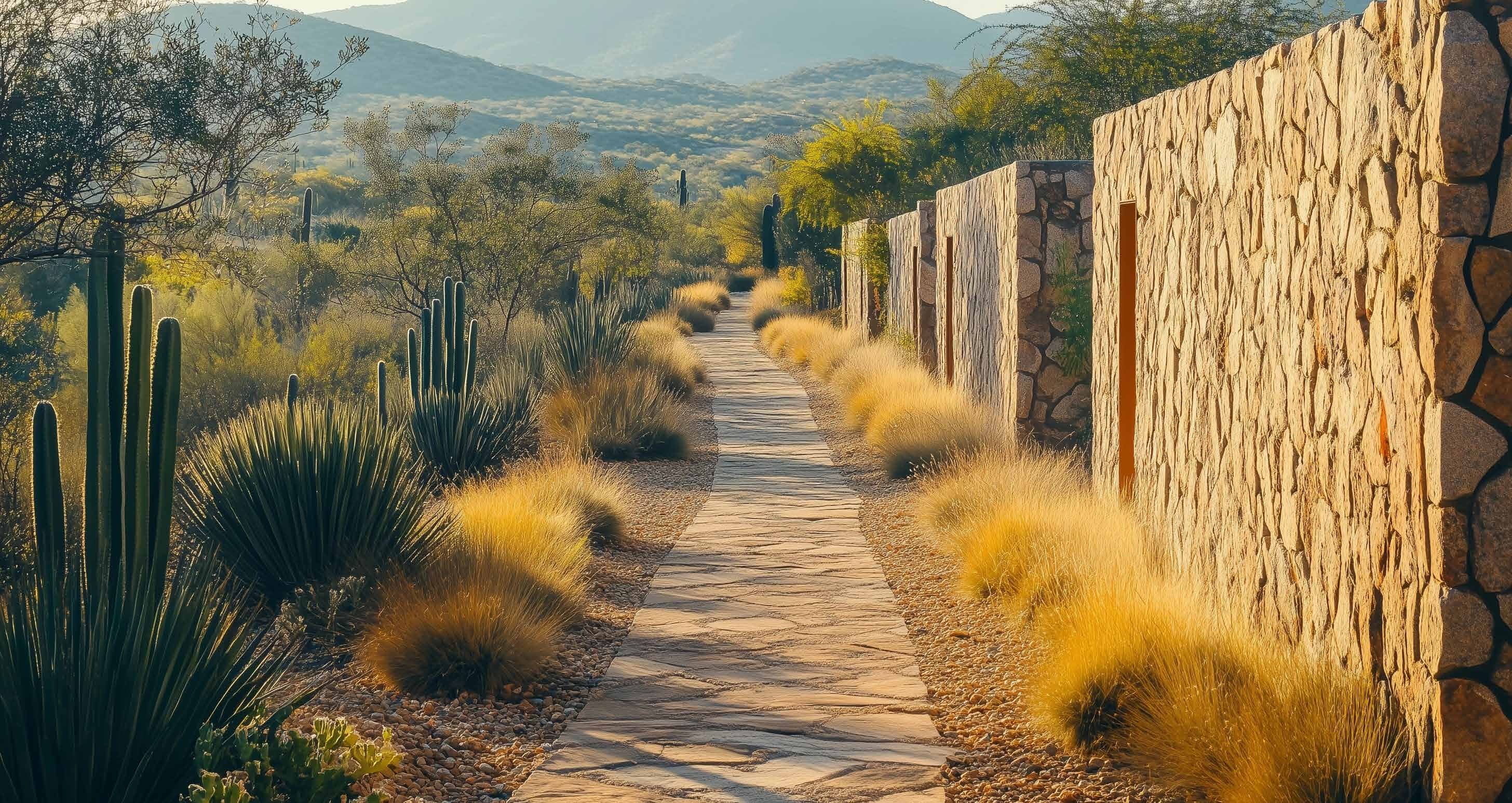Referencia de un sendero entre muros de piedra y vegetación del desierto
