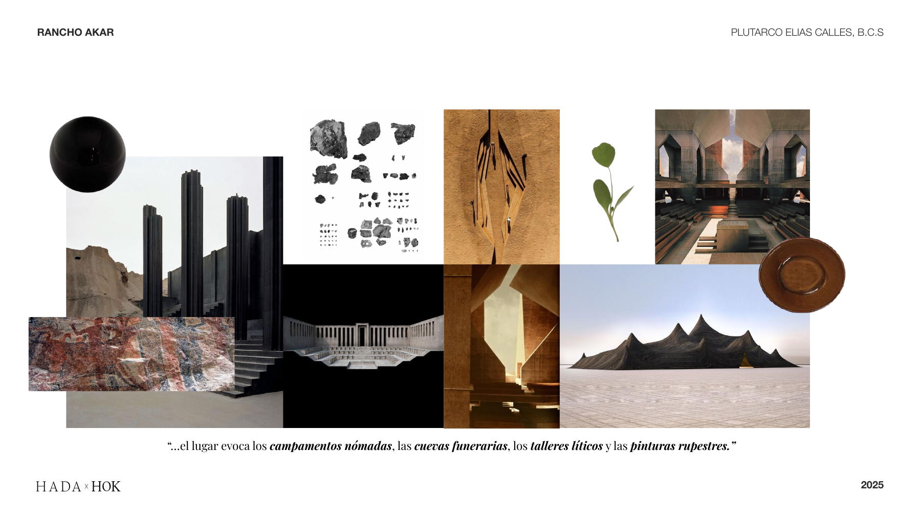 Lámina de inspiración de HADA con piedra, formas escultóricas y referencias de materiales